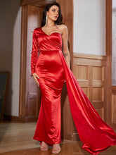 Load image into Gallery viewer, One-Shoulder Satin Fishtail Dress with Cascading Detail
