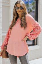 Load image into Gallery viewer, Spliced Lace Balloon Sleeve Waffle-Knit Tunic Top
