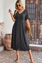 Load image into Gallery viewer, Gathered Detail Buttoned V-Neck Midi Dress

