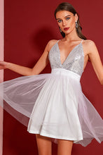 Load image into Gallery viewer, Sequined Plunge Spliced Mesh Backless Dress
