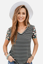 Load image into Gallery viewer, Floral Sleeves Striped T-shirt
