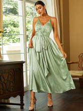 Load image into Gallery viewer, Satin Tie Waist Deep V Maxi Dress

