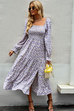 Load image into Gallery viewer, Floral Smocked Square Neck Slit Midi Dress

