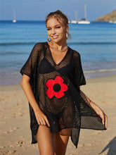 Load image into Gallery viewer, Openwork Flower V-Neck Short Sleeve Cover Up
