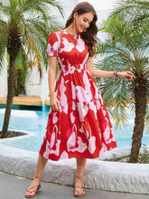 Load image into Gallery viewer, Printed Round Neck Flounce Sleeve Midi Dress
