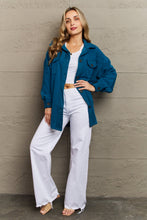 Load image into Gallery viewer, Zenana Cozy in the Cabin Full Size Fleece Elbow Patch Shacket in Teal
