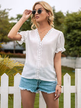 Load image into Gallery viewer, Flounce Cuff Lace Trim V-Neck Blouse
