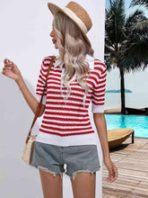 Load image into Gallery viewer, Striped Johnny Collar Half Sleeve Knit Top
