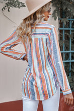 Load image into Gallery viewer, Striped Button-Up Curved Hem Shirt with Breast Pocket
