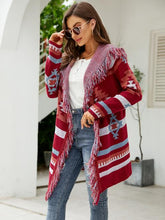 Load image into Gallery viewer, Fringe Geometric Hooded Long Sleeve Cardigan
