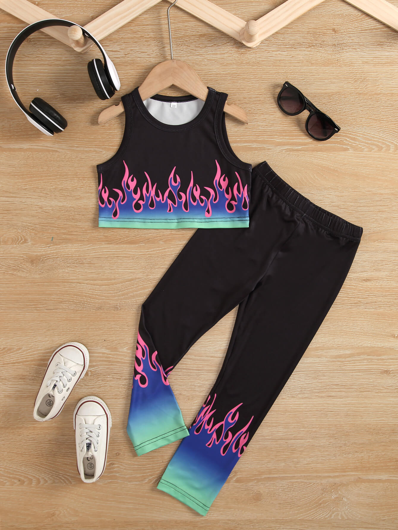 Girls Flame Print Cropped Tank and Pants Set