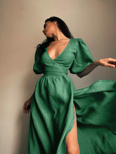 Load image into Gallery viewer, Surplice Balloon Sleeves Tied Dress
