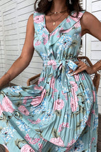 Load image into Gallery viewer, Floral Tie-Waist Sleeveless Pleated Midi Dress
