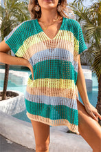 Load image into Gallery viewer, Openwork Striped V-Neck Short Sleeve Cover Up
