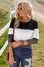 Load image into Gallery viewer, Color Block Spliced Lace Sleeve Ribbed Top
