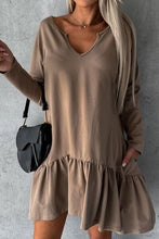 Load image into Gallery viewer, Notched Long Sleeve Ruffle Hem Mini Dress
