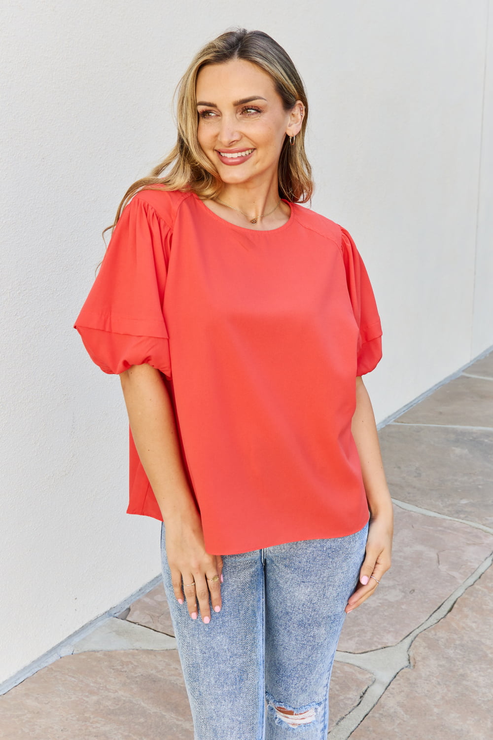 Petal Dew Sweet Innocence Full Size Puff Short Sleeve Top In Tomato