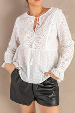 Load image into Gallery viewer, Eyelet Tie-Neck Long Flounce Sleeve Peplum Blouse
