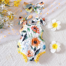 Load image into Gallery viewer, Floral Bow Detail Pom-Pom Trim Romper
