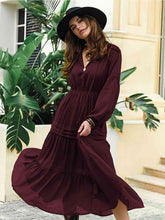 Load image into Gallery viewer, Tie Neck Long Sleeve Midi Tiered Dress
