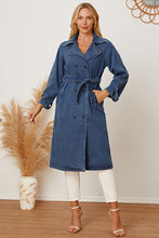 Load image into Gallery viewer, Double-Breasted Belted Longline Denim Jacket
