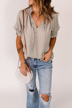 Load image into Gallery viewer, Frill Trim Tie Neck Puff Sleeve Top
