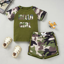 Load image into Gallery viewer, Kids HELLO GIRL Printed Raglan Sleeve Tee and Shorts Set
