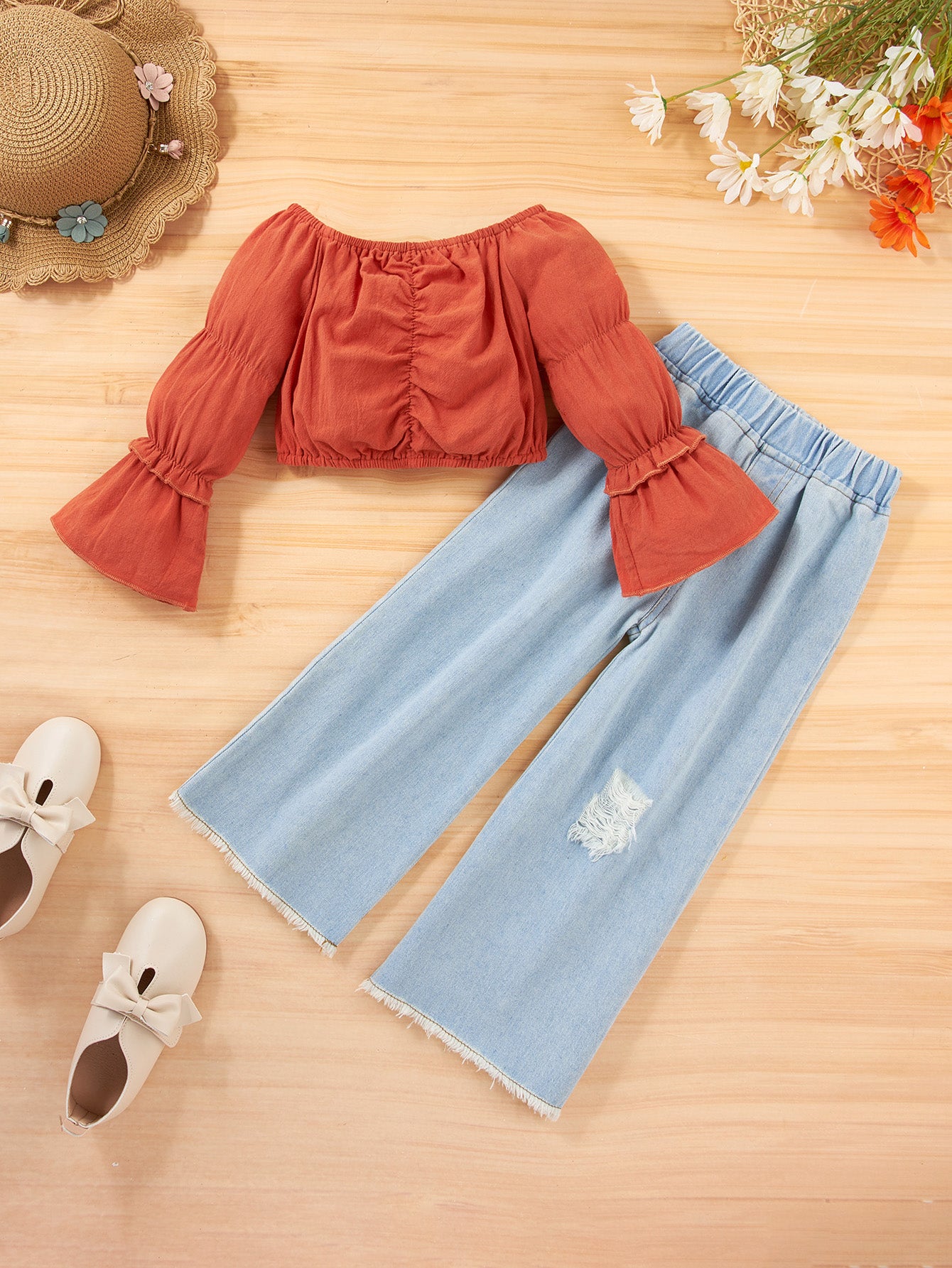 Girls Flared Sleeve Top and Jeans Set