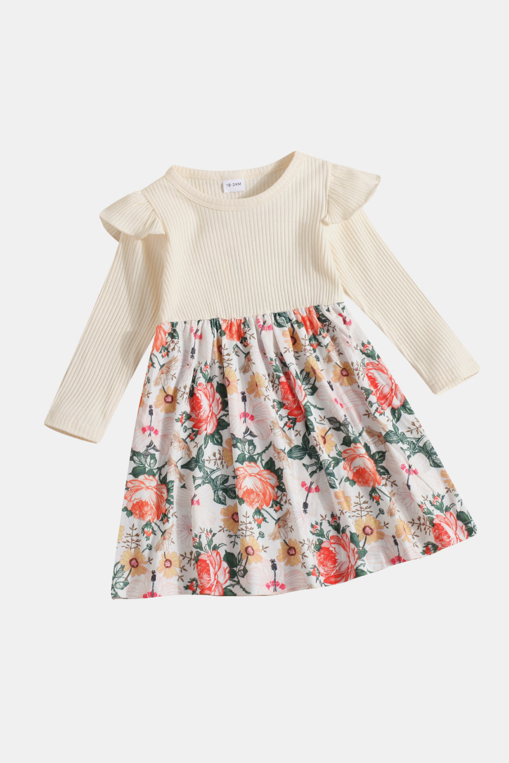 Girls Two-Tone Floral Hem Ruffle Shoulder Dress