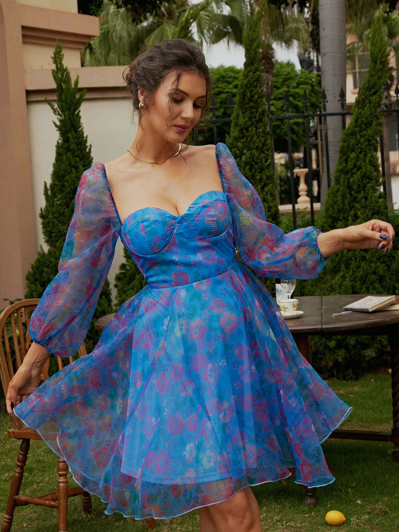 Floral Sweetheart Neck Balloon Sleeve Dress