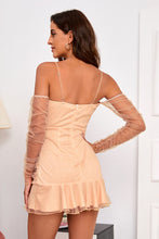 Load image into Gallery viewer, Glitter Cold-Shoulder Mesh Sleeve Ruffle Hem Dress
