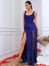 Load image into Gallery viewer, Sequined Split Zip-Back Maxi Dress
