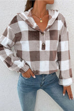 Load image into Gallery viewer, Plaid Quarter Button Dropped Shoulder Hoodie

