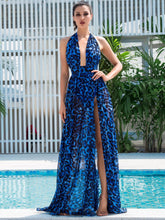 Load image into Gallery viewer, Leopard Halter Neck Backless Split Dress
