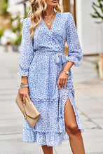 Load image into Gallery viewer, Leopard Surplice Tie Belt Slit Dress
