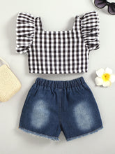 Load image into Gallery viewer, Girls Gingham Flutter Sleeve Top and Floral Denim Shorts Set
