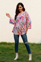 Load image into Gallery viewer, Plus Size Printed Notched Long Sleeve Blouse
