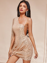 Load image into Gallery viewer, Sequin One-Shoulder Cloak Sleeve Dress
