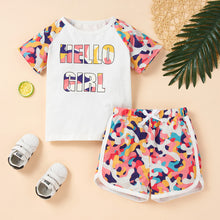 Load image into Gallery viewer, Kids HELLO GIRL Printed Raglan Sleeve Tee and Shorts Set
