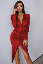 Load image into Gallery viewer, Ruched Tulip Hem Puff Sleeve Plunge Satin Dress
