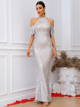 Load image into Gallery viewer, Sequin Cold-Shoulder Fringe Detail Dress
