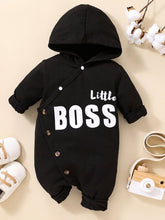 Load image into Gallery viewer, Baby LITTLE BOSS Graphic Hooded Jumpsuit
