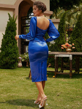 Load image into Gallery viewer, Decorative Button Back Slit Lantern Sleeve Dress

