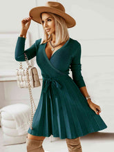 Load image into Gallery viewer, Surplice Neck Tie Front Pleated Sweater Dress
