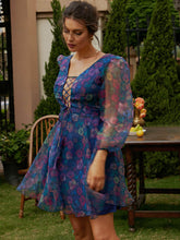 Load image into Gallery viewer, Floral Lace-Up Mesh Balloon Sleeve A-Line Dress
