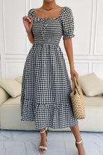Load image into Gallery viewer, Plaid Cutout Square Neck Smocked Dress
