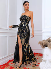 Load image into Gallery viewer, Strapless Contrast Sequin One Sleeve Split Dress
