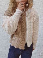 Load image into Gallery viewer, Cable-Knit Contrast Zip-Up Cardigan
