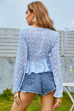 Load image into Gallery viewer, Swiss Dot Drawstring Detail Flare Sleeve Peplum Top
