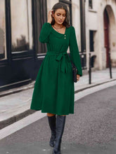 Load image into Gallery viewer, Buttoned Tie Front Long Sleeve Asymmetrical Neck Dress
